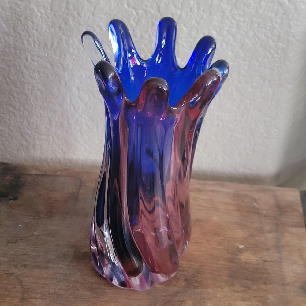 Multicolor Art Glass Swirl Table Vase Blue Purple Pink Medium Unmarked Decor
